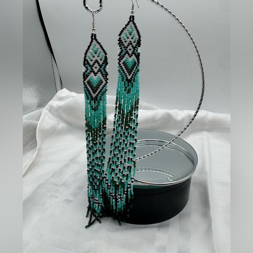 Bead earrings, handcrafted multi strand, 8” long, white, black, teal & green new
